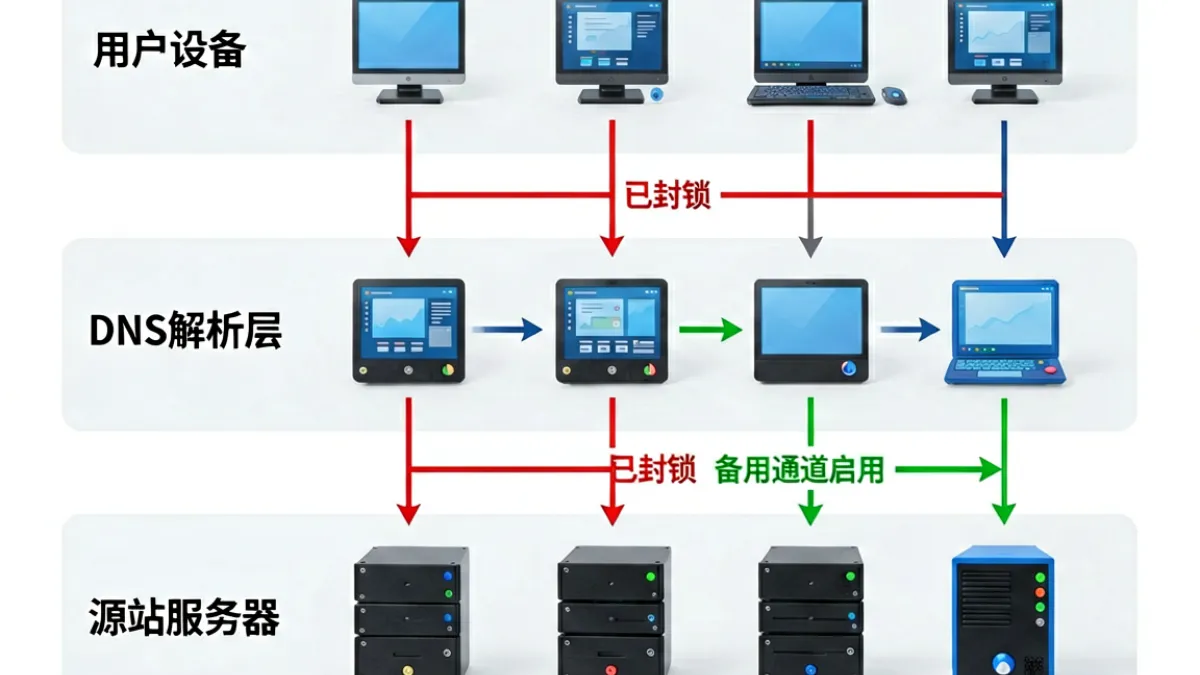 爆料网911线路技术架构示意图，展示DNS解析、CDN节点和备用域名三层防封锁机制的原理图