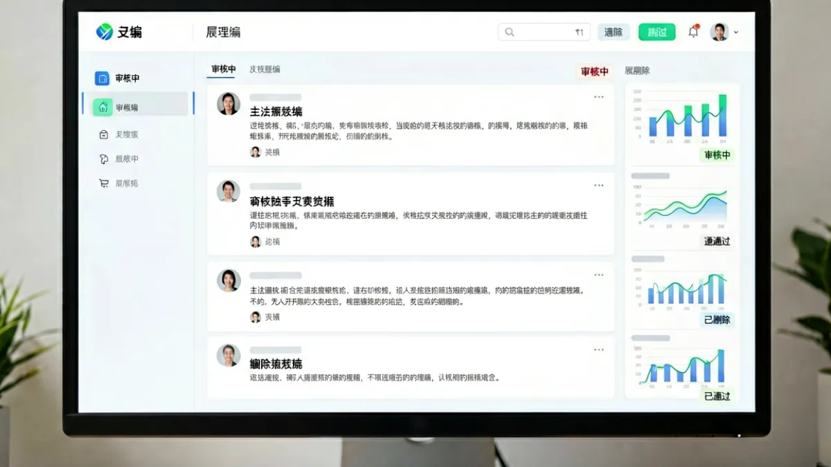 爆料网后台内容审核示意图，展示多条帖子被标记审核状态的管理界面截图场景